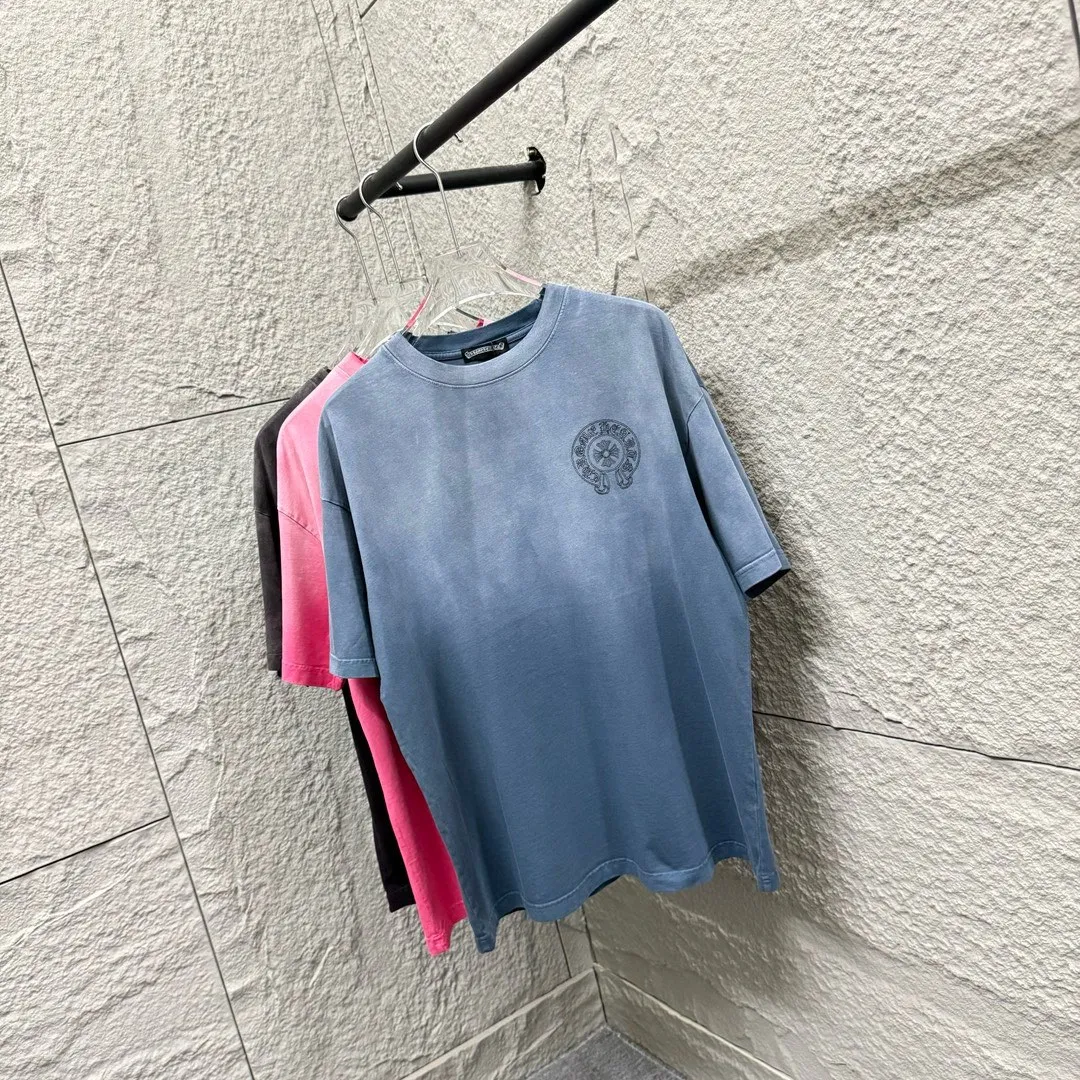 🅿️200 CH Croix Heart 2025 Summer New Style Heavy Acid Washing Gradient Distressing Chest Logo Classic Embroidery Customized Fabric Short Sleeve T-shirt Unisex Size: S M L